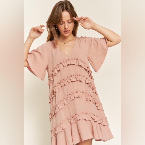 FLAWLESS‎ Bell Sleeve Tiered Ruffle Mini Dress Mauve Pink Sz L Boho Casual Party - Picture 2 of 11